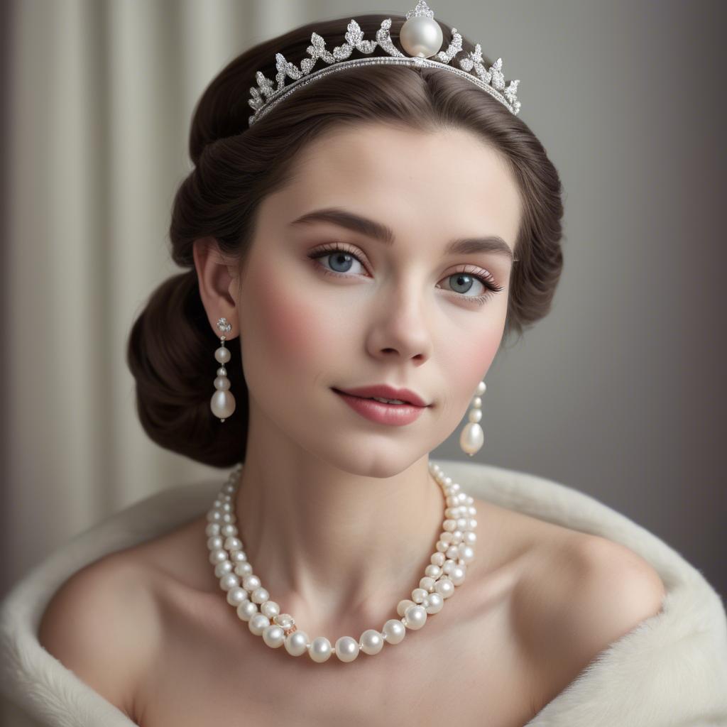 A stunning image of classic beauty with a pearl necklace and a tiara.