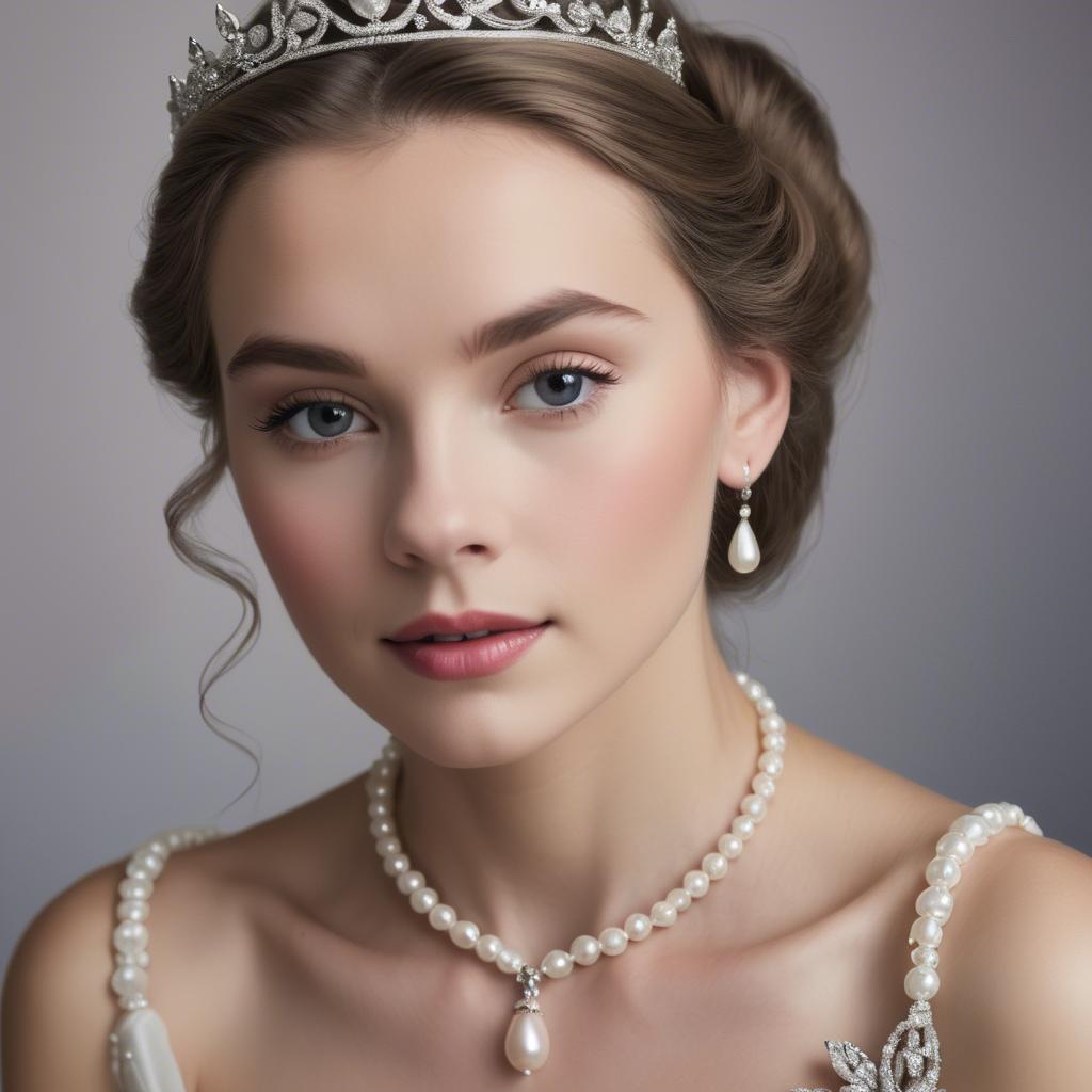 A stunning image of classic beauty with a pearl necklace and a tiara.
