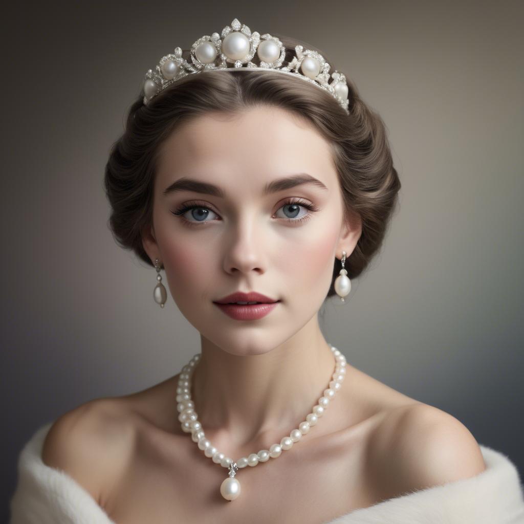 A stunning image of classic beauty with a pearl necklace and a tiara.