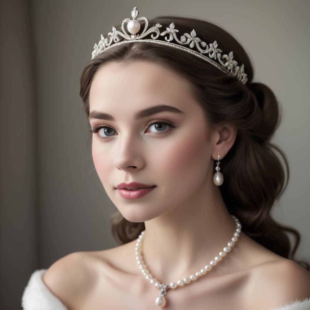 A stunning image of classic beauty with a pearl necklace and a tiara.