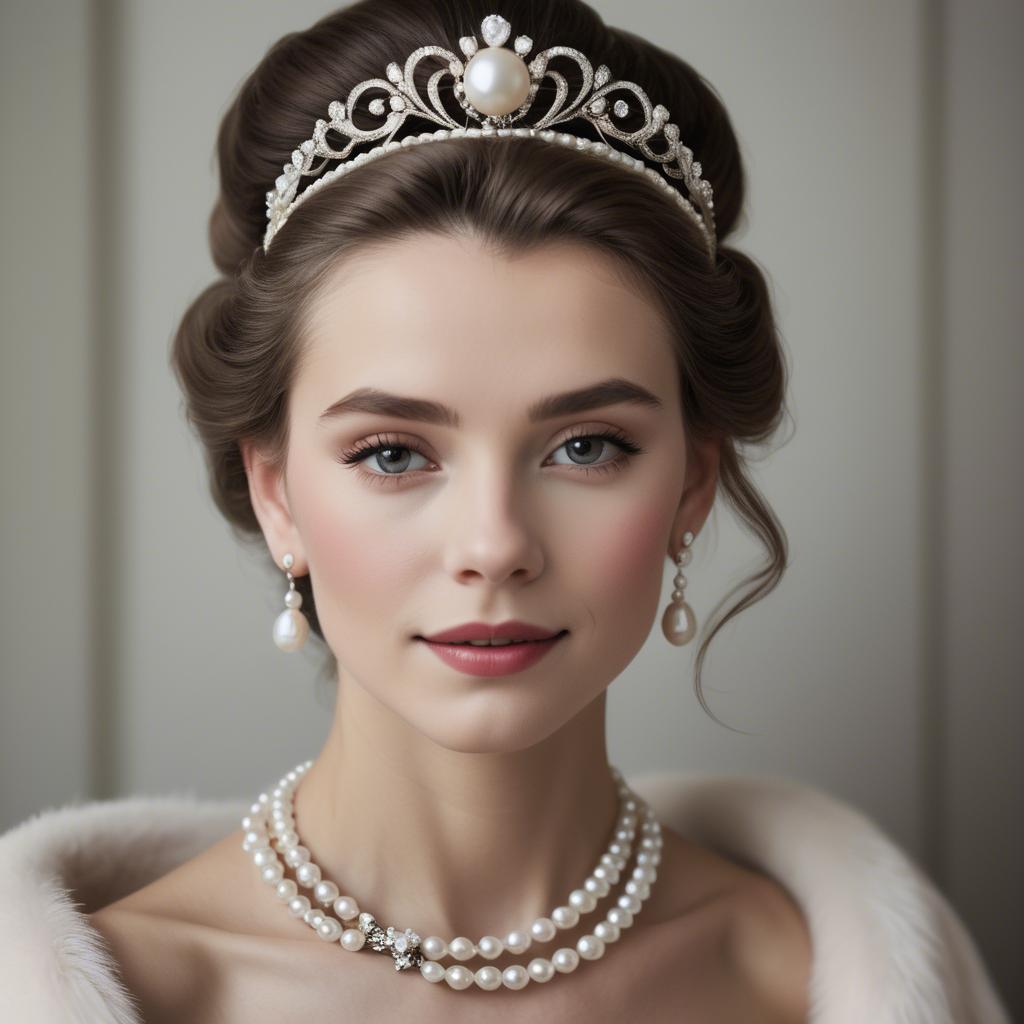 A stunning image of classic beauty with a pearl necklace and a tiara.