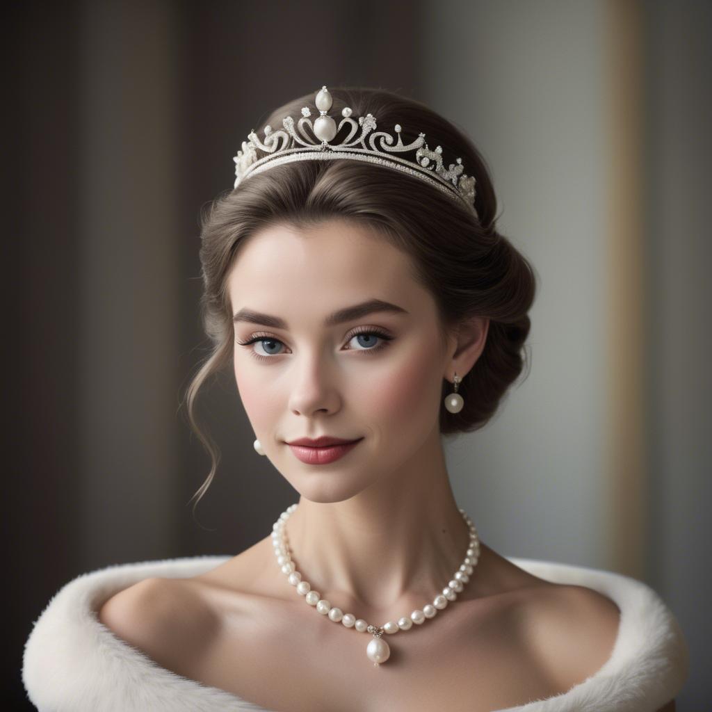 A stunning image of classic beauty with a pearl necklace and a tiara.