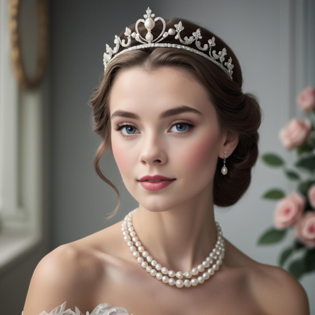 A stunning image of classic beauty with a pearl necklace and a tiara.