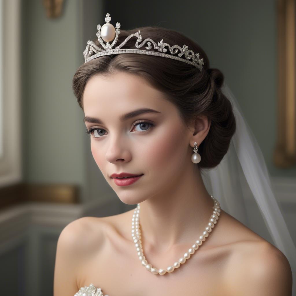 A stunning image of classic beauty with a pearl necklace and a tiara.
