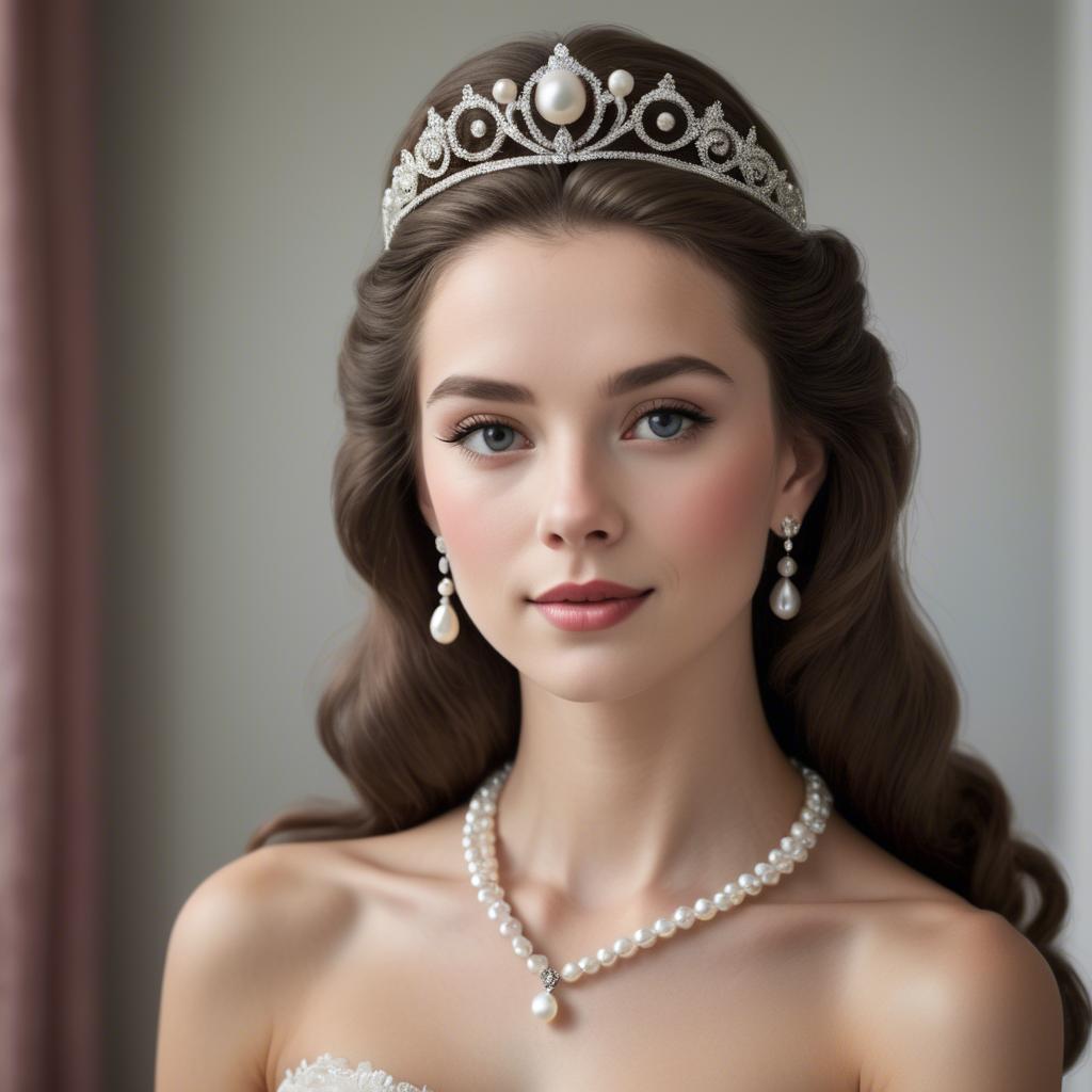 A stunning image of classic beauty with a pearl necklace and a tiara.