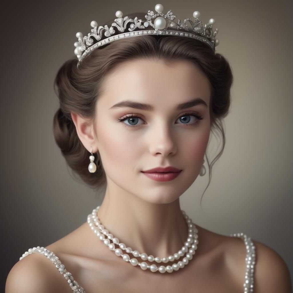 A stunning image of classic beauty with a pearl necklace and a tiara.