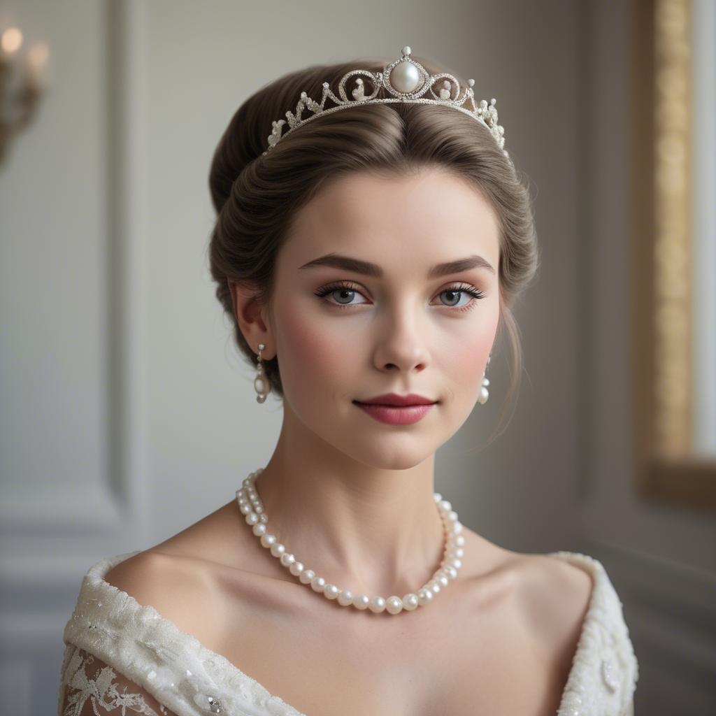 A stunning image of classic beauty with a pearl necklace and a tiara.