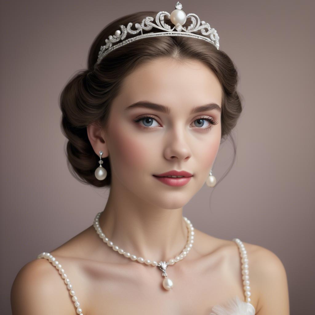 A stunning image of classic beauty with a pearl necklace and a tiara.