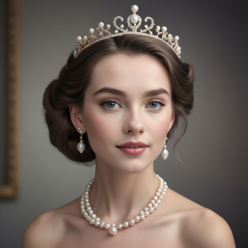 A stunning image of classic beauty with a pearl necklace and a tiara.