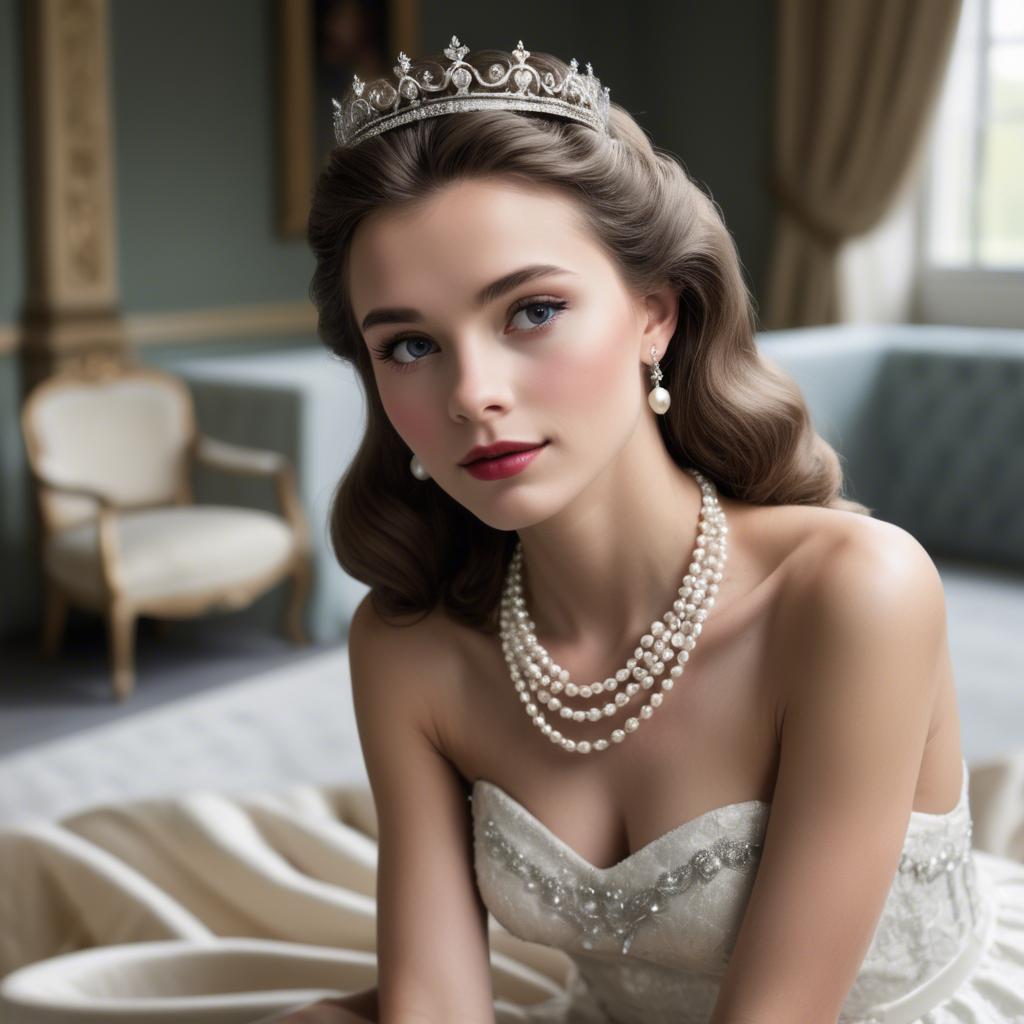 A stunning image of classic beauty with a pearl necklace and a tiara.