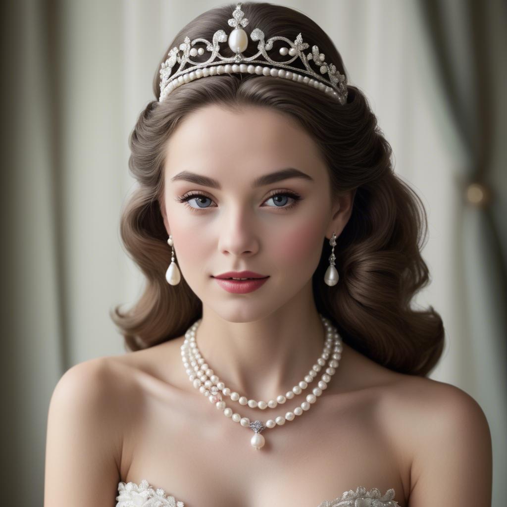 A stunning image of classic beauty with a pearl necklace and a tiara.