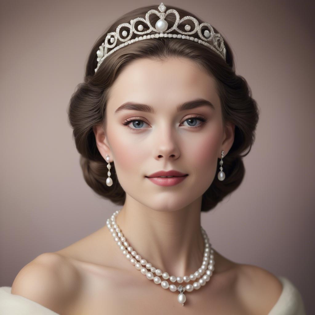 A stunning image of classic beauty with a pearl necklace and a tiara.