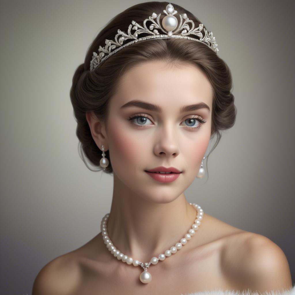 A stunning image of classic beauty with a pearl necklace and a tiara.