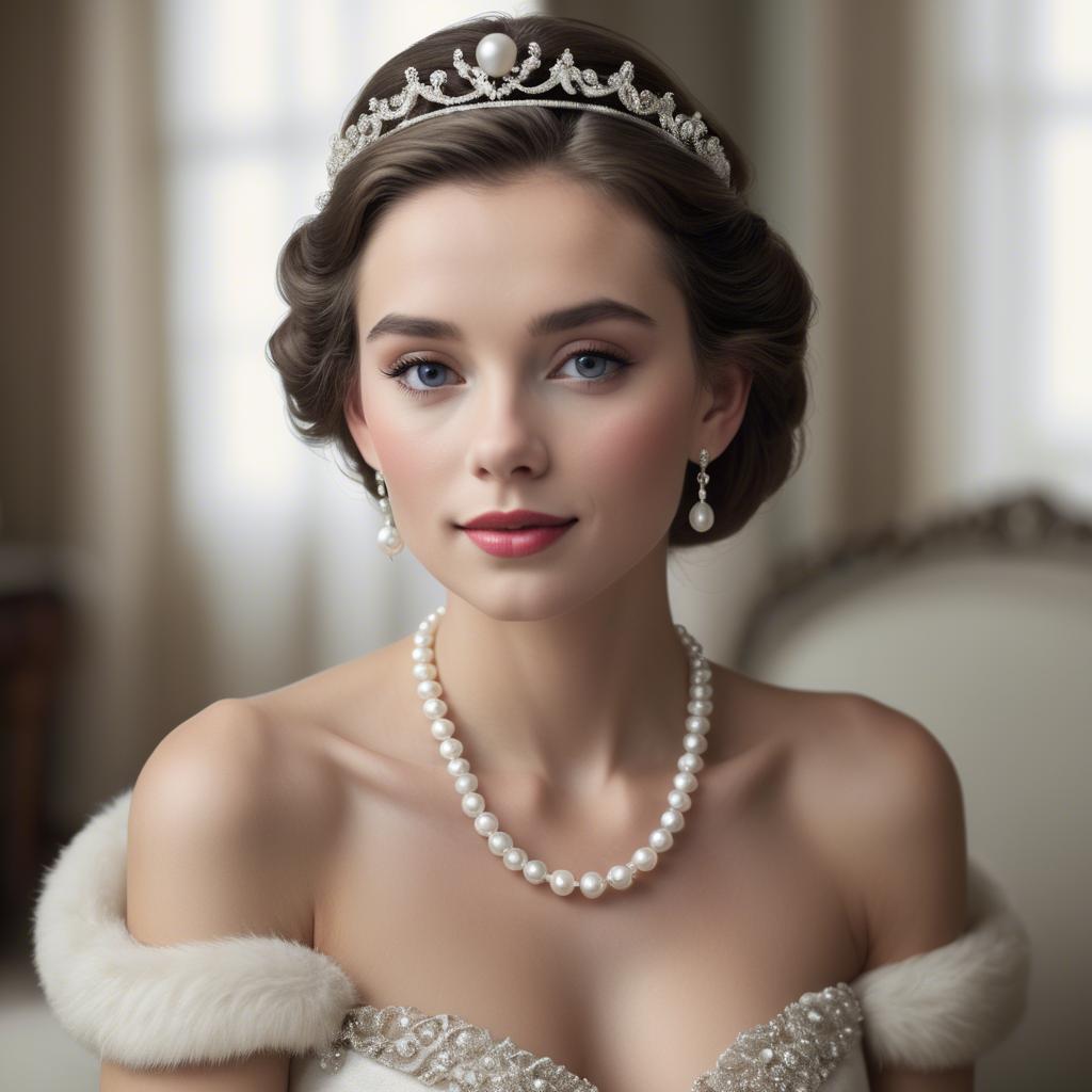 A stunning image of classic beauty with a pearl necklace and a tiara.