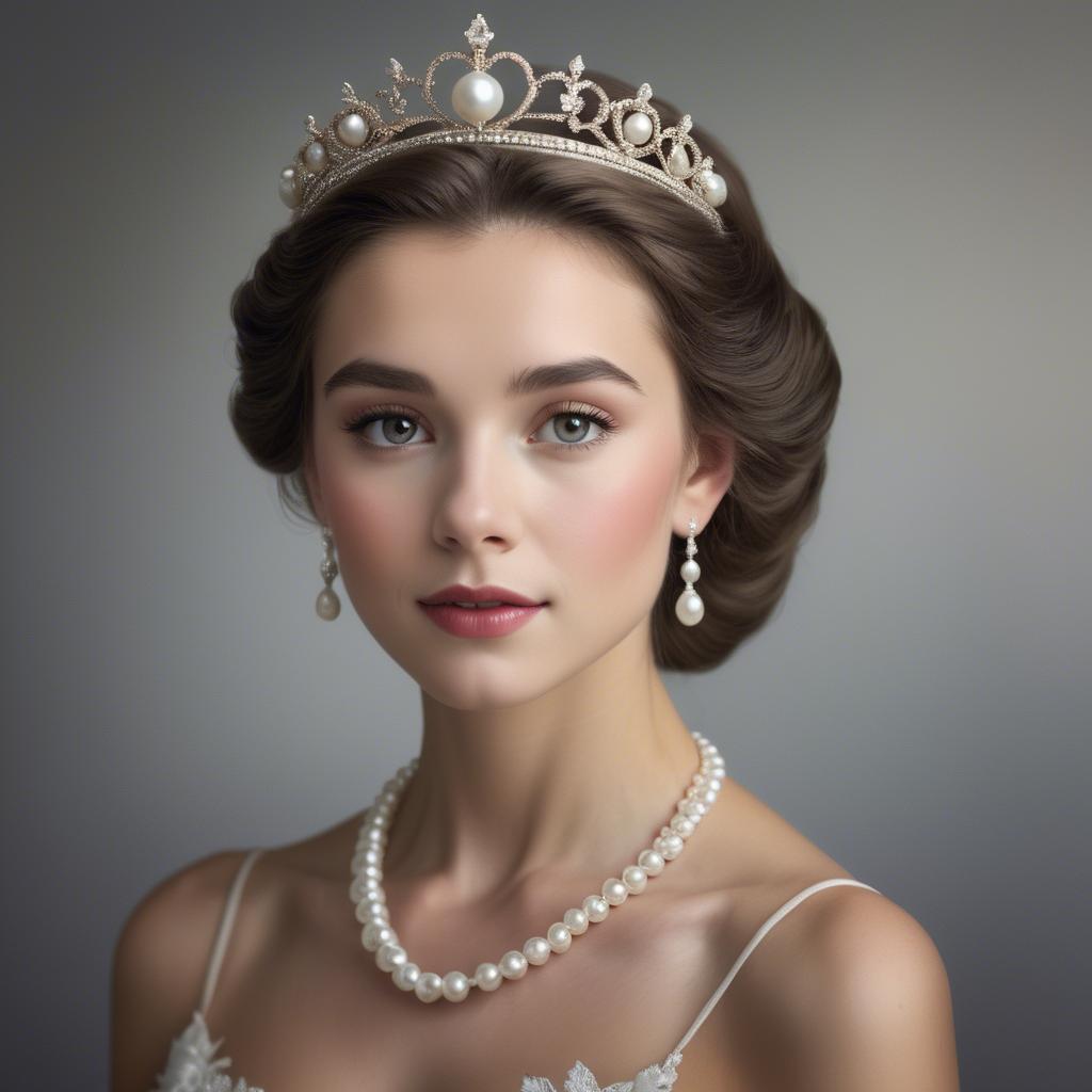 A stunning image of classic beauty with a pearl necklace and a tiara.