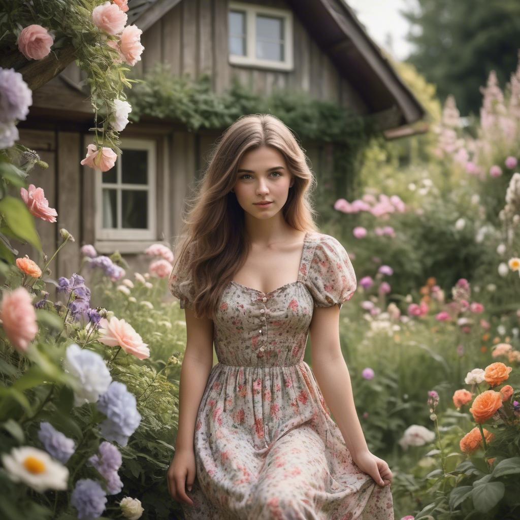 A stunning image of dreamy girl in a cottage garden with a floral dress.