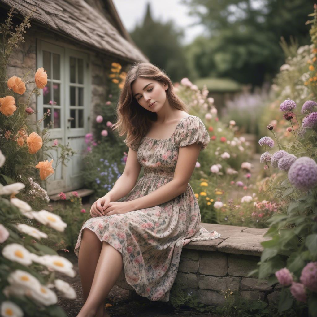 A stunning image of dreamy girl in a cottage garden with a floral dress.