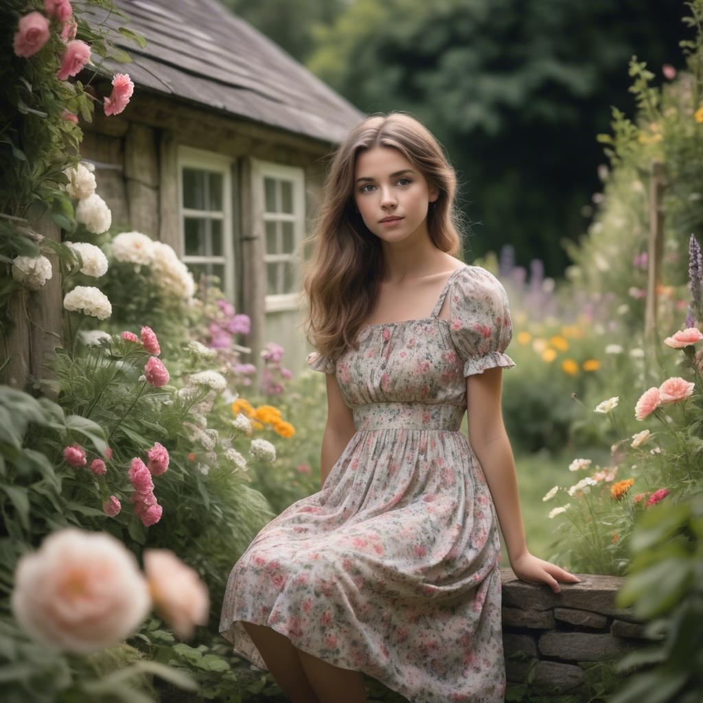 A stunning image of dreamy girl in a cottage garden with a floral dress.