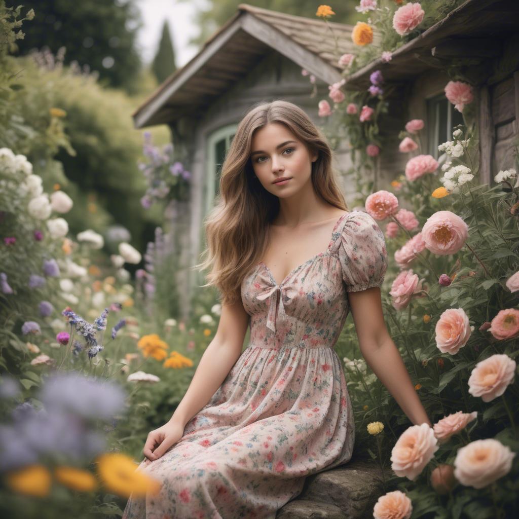 A stunning image of dreamy girl in a cottage garden with a floral dress.