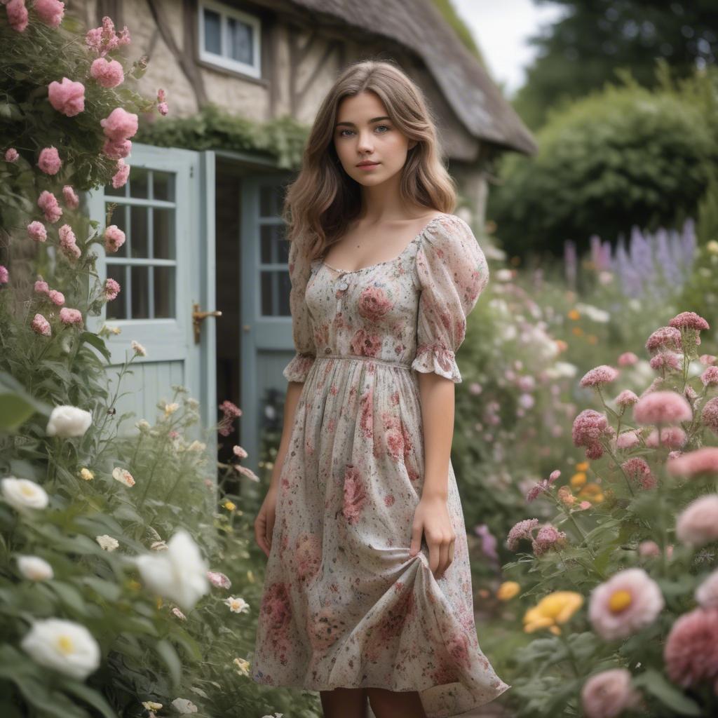A stunning image of dreamy girl in a cottage garden with a floral dress.