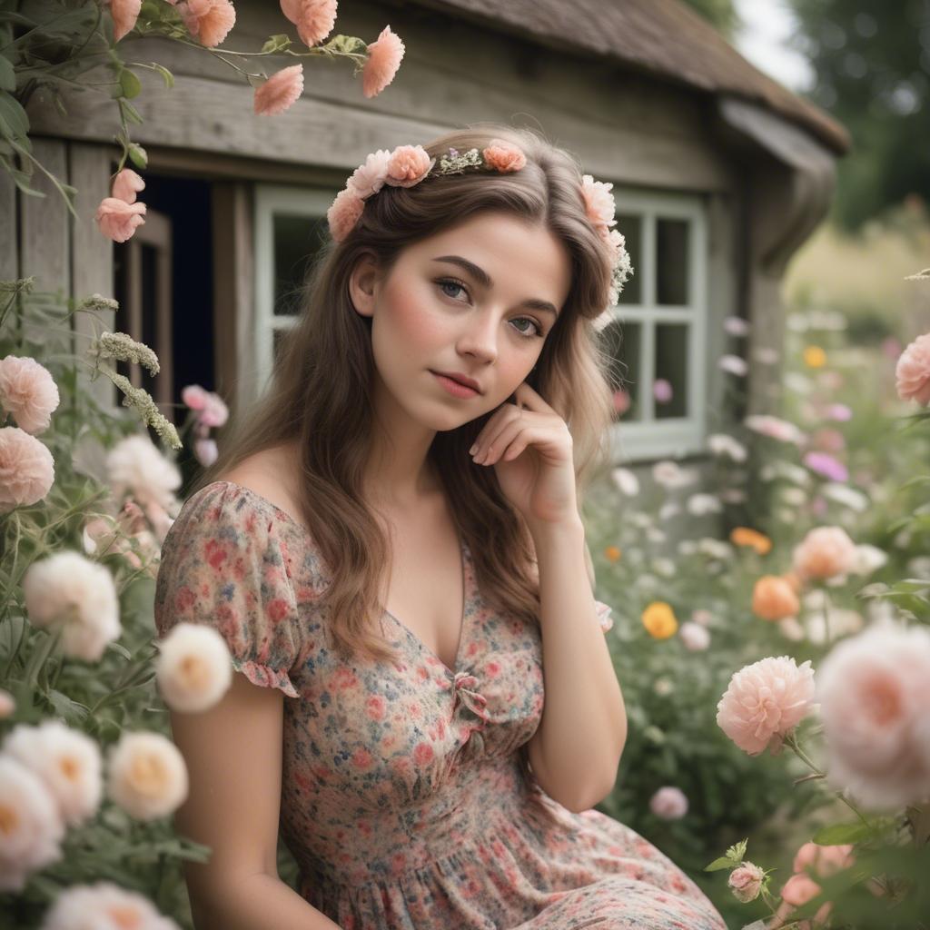 A stunning image of dreamy girl in a cottage garden with a floral dress.