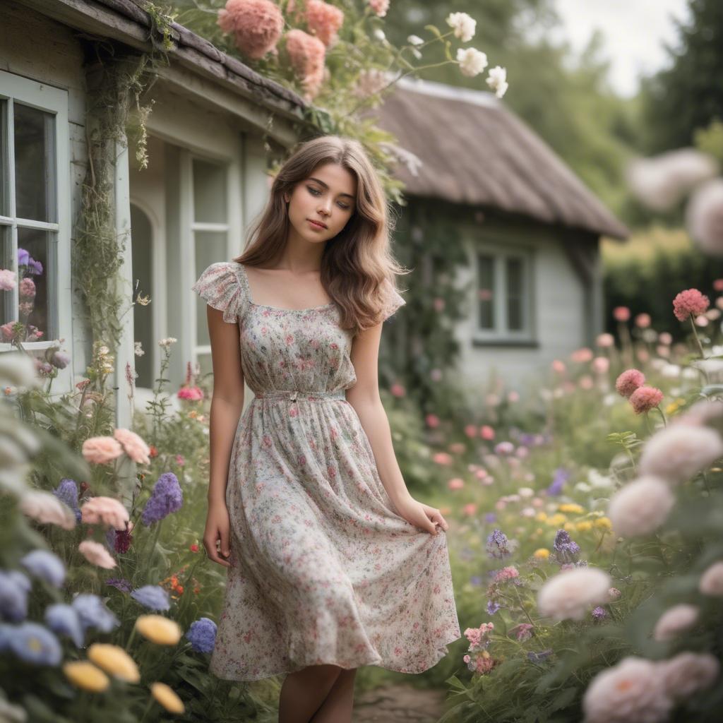 A stunning image of dreamy girl in a cottage garden with a floral dress.