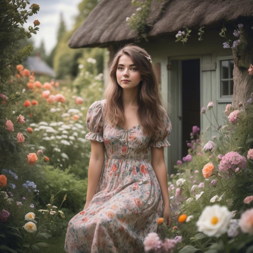 A stunning image of dreamy girl in a cottage garden with a floral dress.