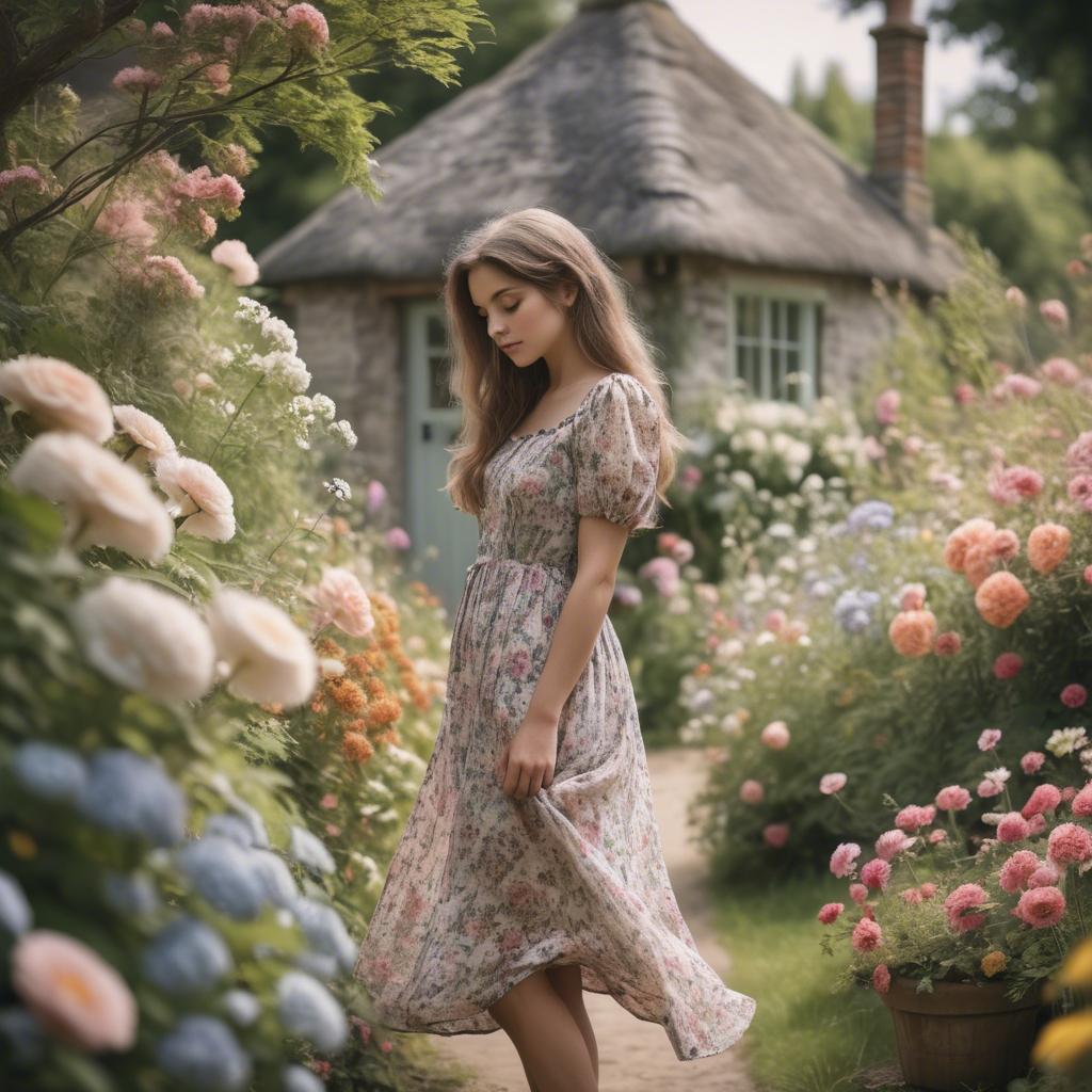 A stunning image of dreamy girl in a cottage garden with a floral dress.