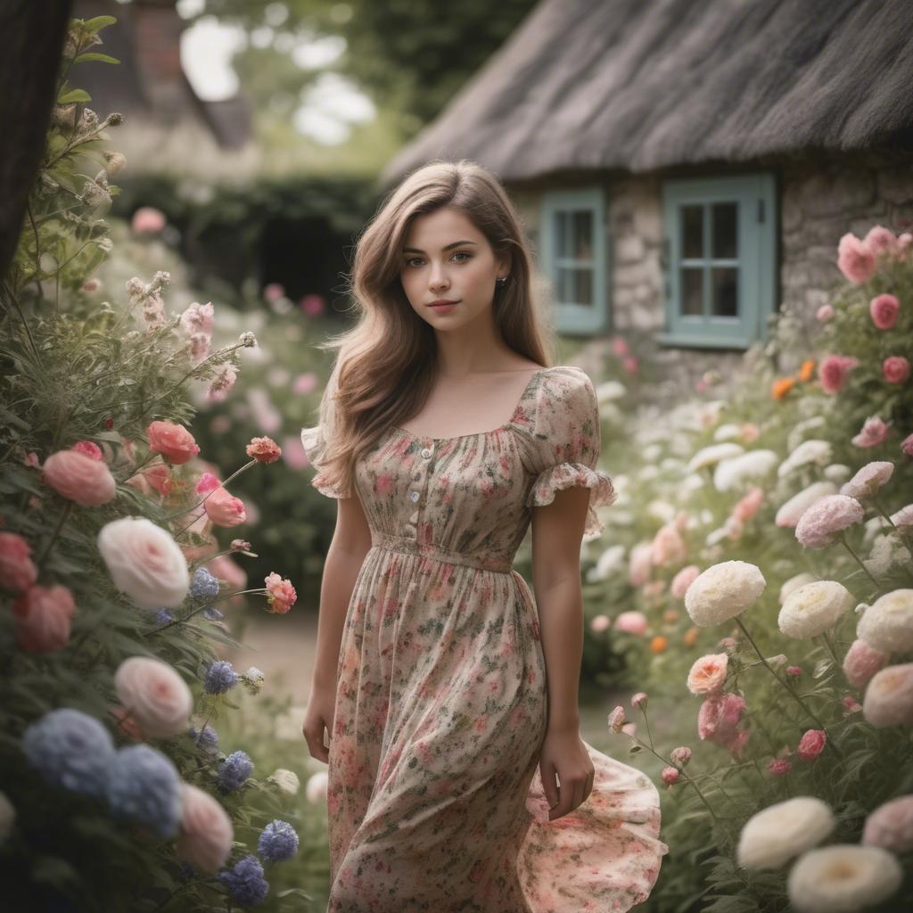 A stunning image of dreamy girl in a cottage garden with a floral dress.