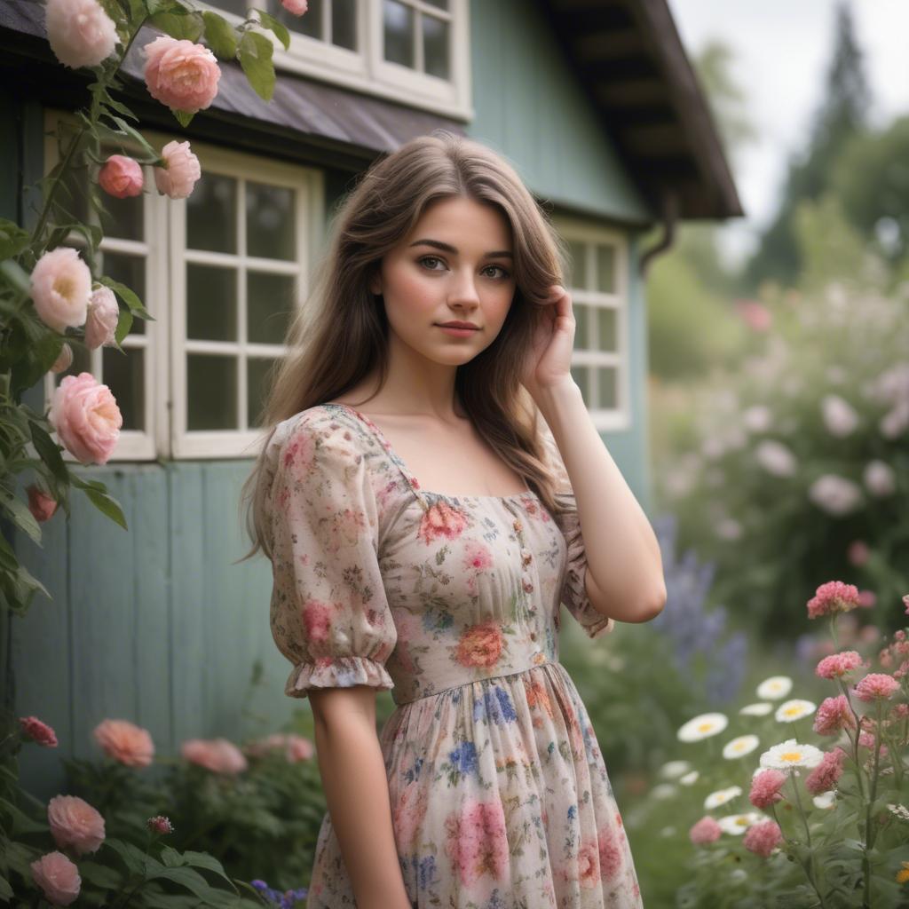 A stunning image of dreamy girl in a cottage garden with a floral dress.