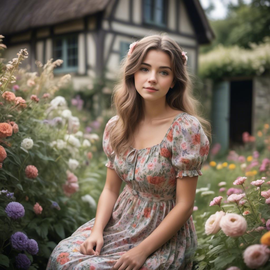 A stunning image of dreamy girl in a cottage garden with a floral dress.