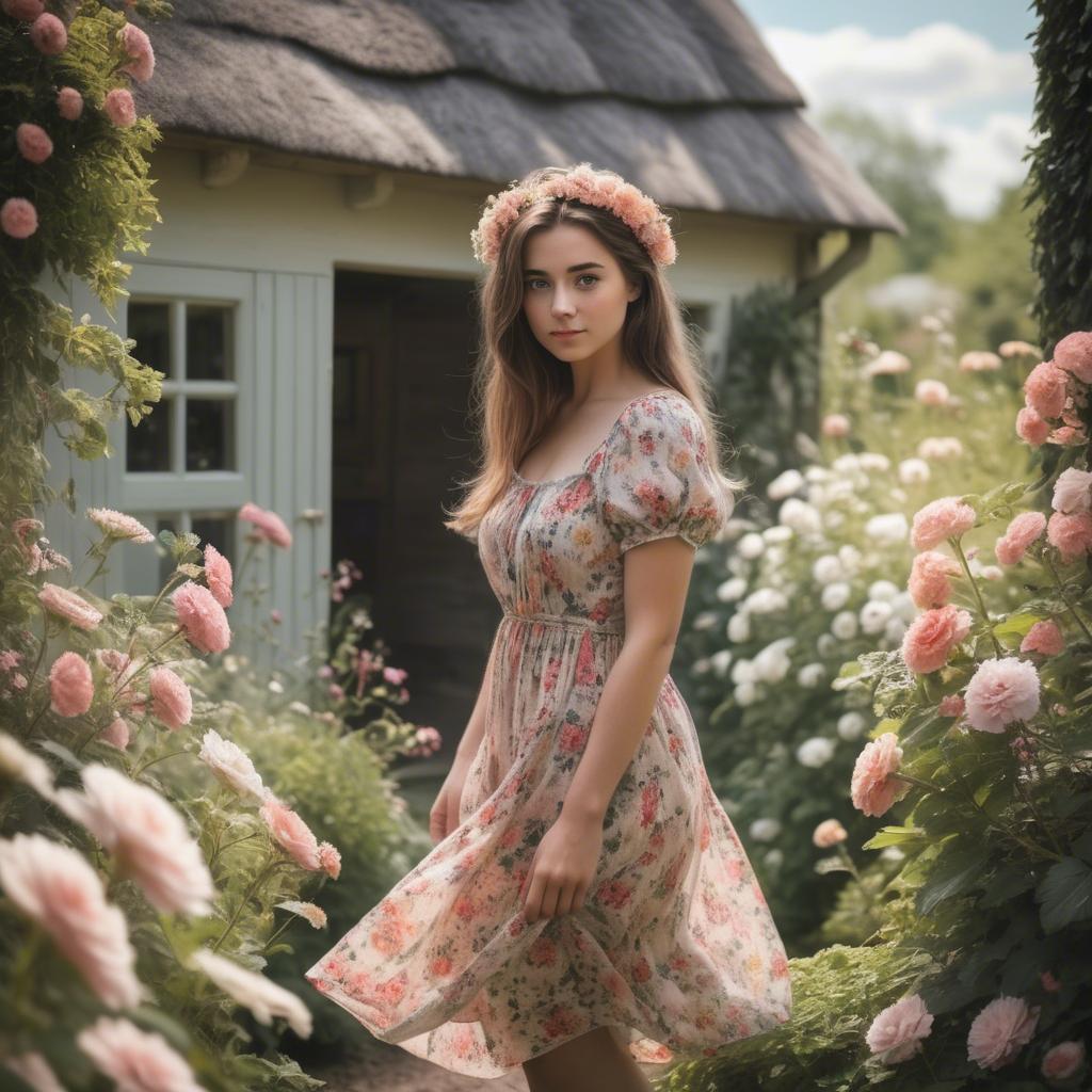 A stunning image of dreamy girl in a cottage garden with a floral dress.