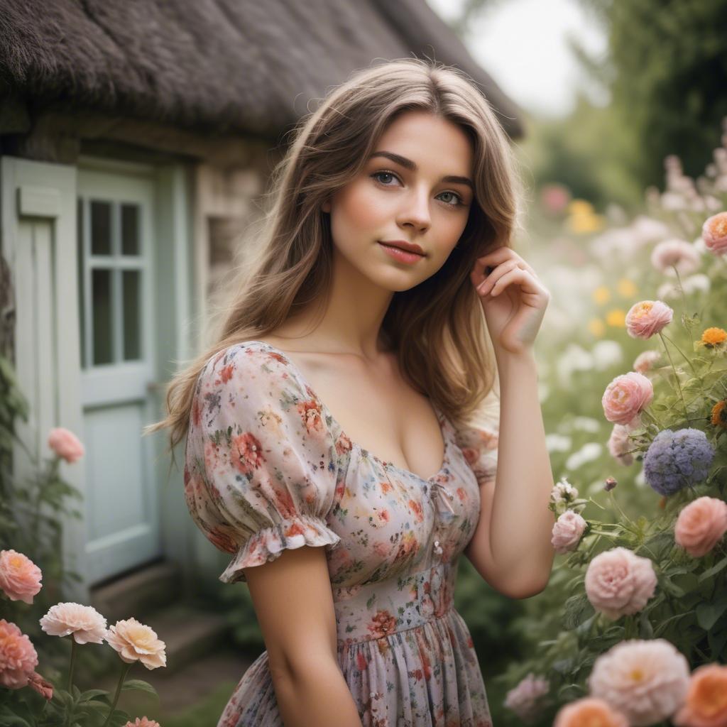 A stunning image of dreamy girl in a cottage garden with a floral dress.