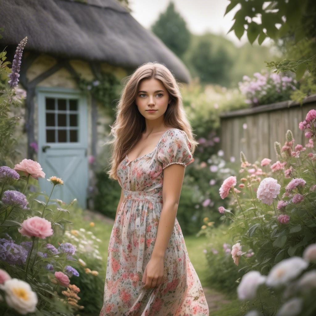 A stunning image of dreamy girl in a cottage garden with a floral dress.