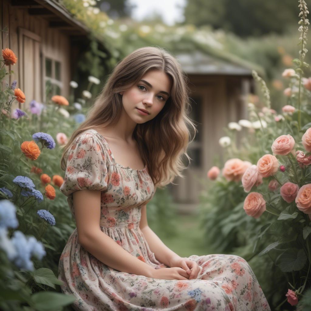 A stunning image of dreamy girl in a cottage garden with a floral dress.