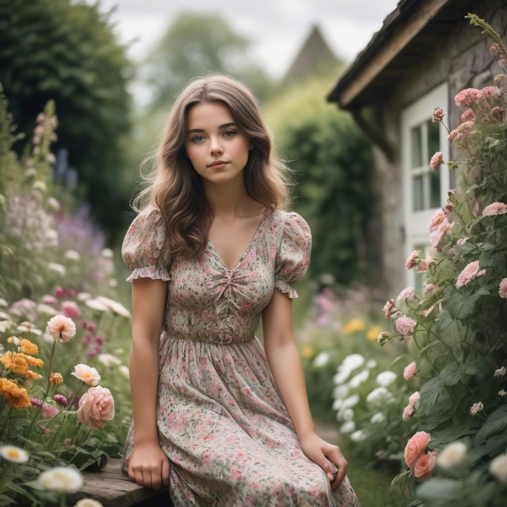 A stunning image of dreamy girl in a cottage garden with a floral dress.