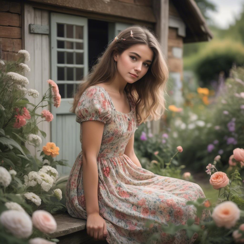 A stunning image of dreamy girl in a cottage garden with a floral dress.