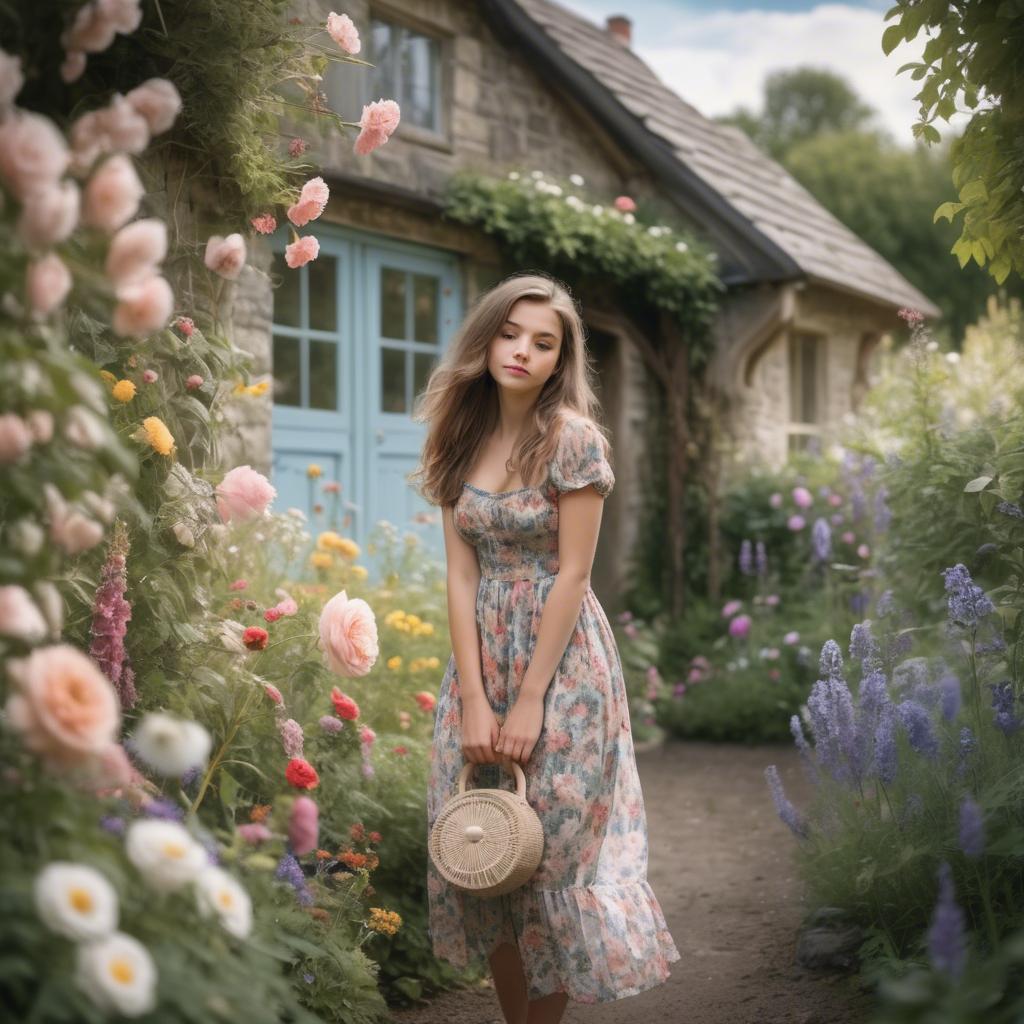 A stunning image of dreamy girl in a cottage garden with a floral dress.