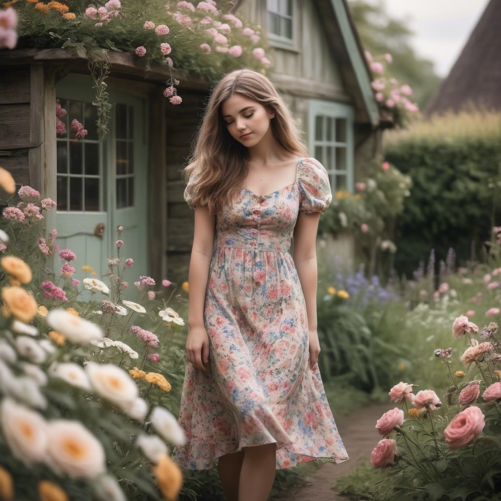 A stunning image of dreamy girl in a cottage garden with a floral dress.