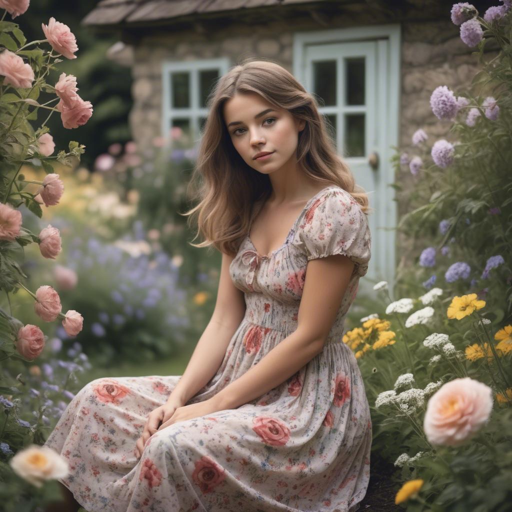 A stunning image of dreamy girl in a cottage garden with a floral dress.