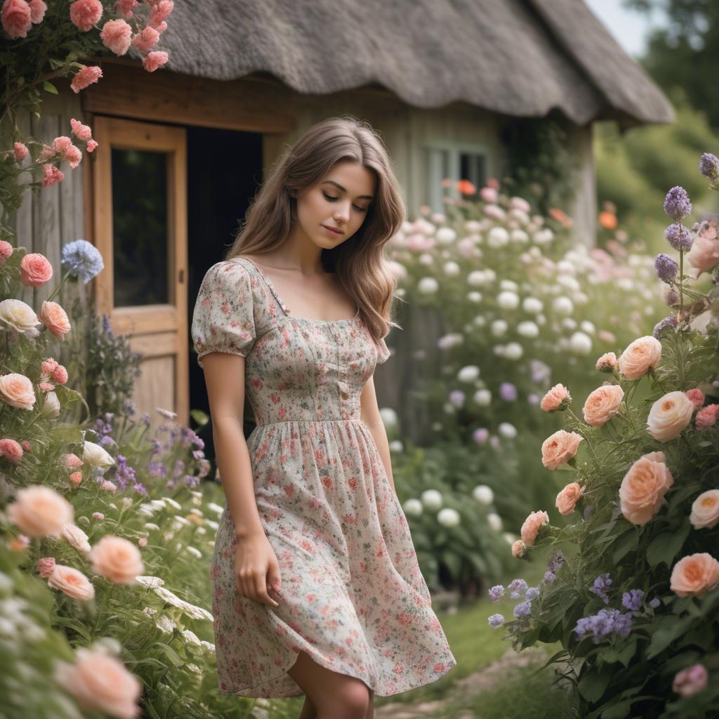 A stunning image of dreamy girl in a cottage garden with a floral dress.