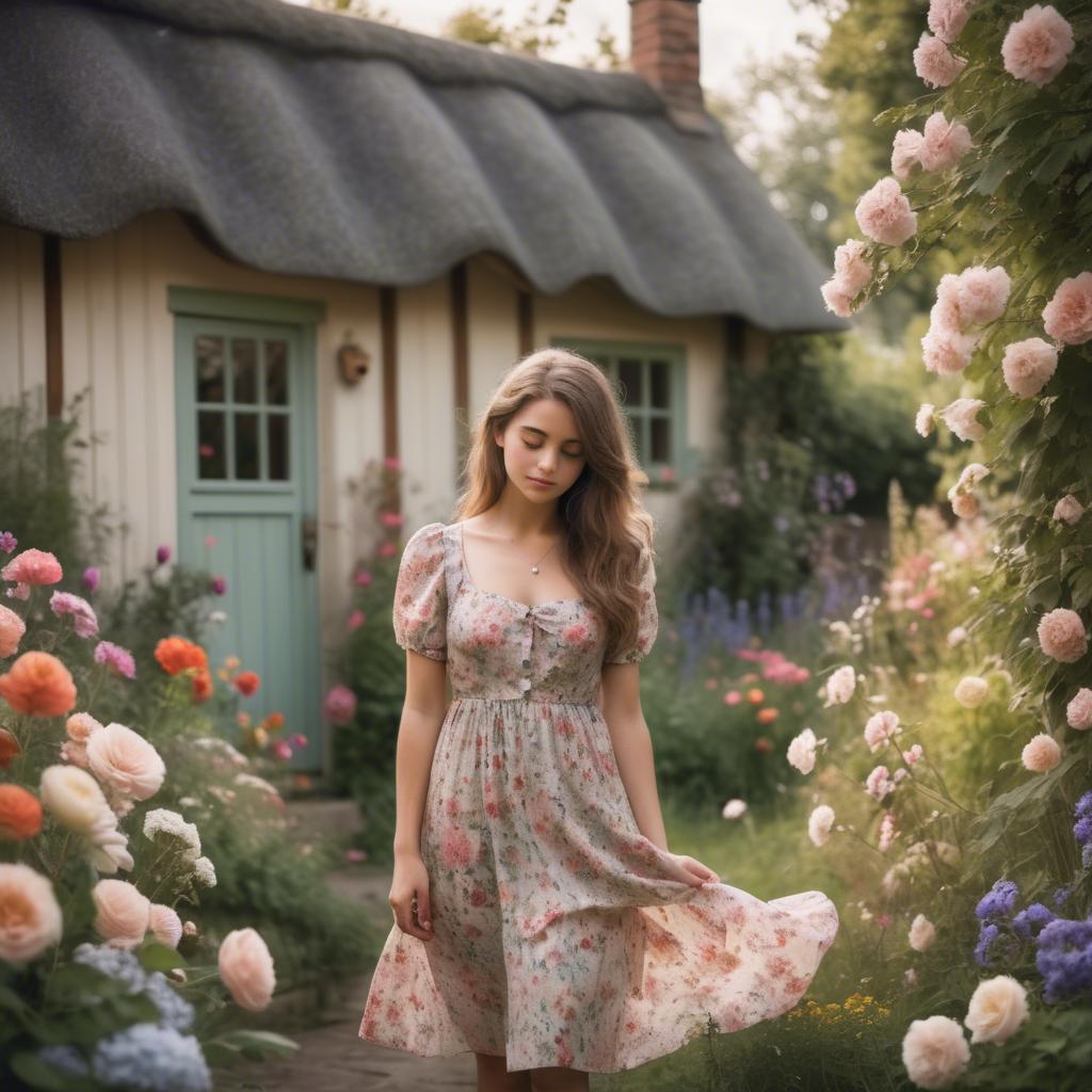 A stunning image of dreamy girl in a cottage garden with a floral dress.