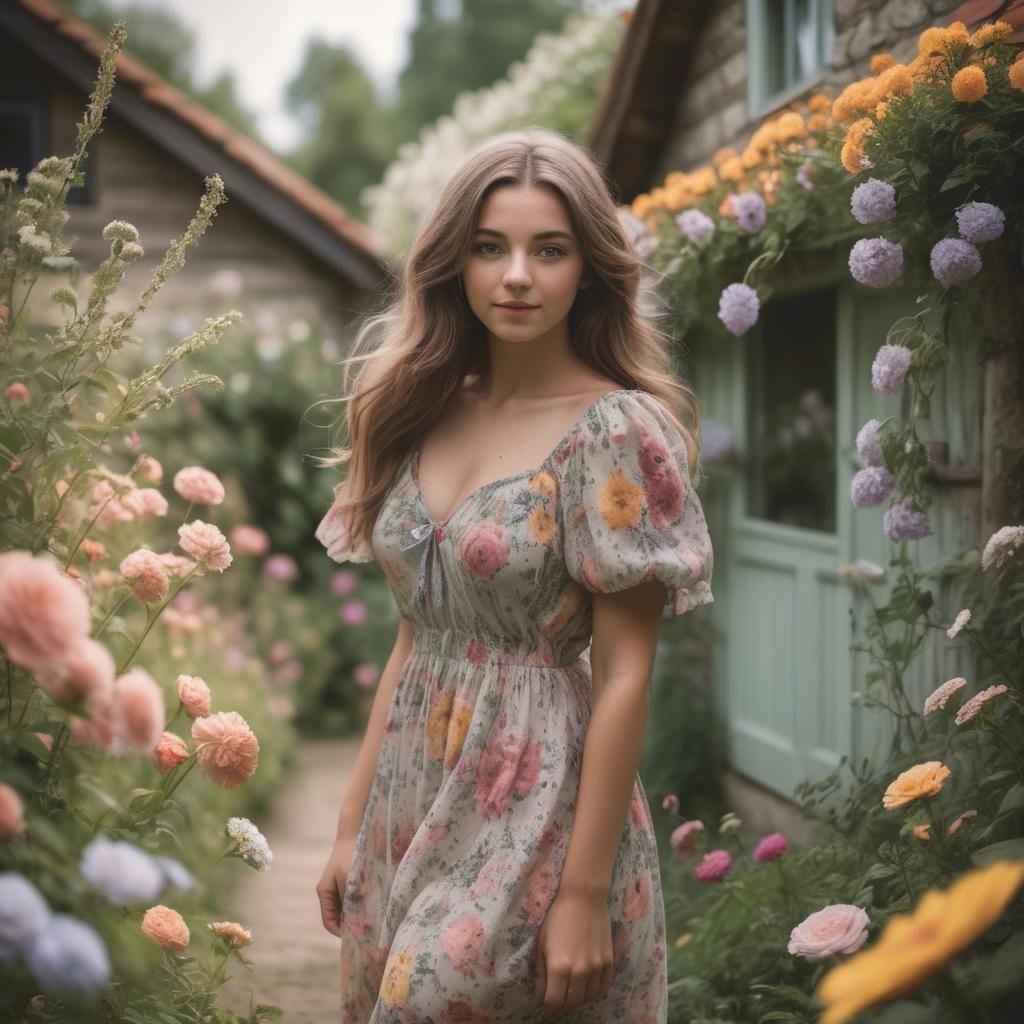 A stunning image of dreamy girl in a cottage garden with a floral dress.