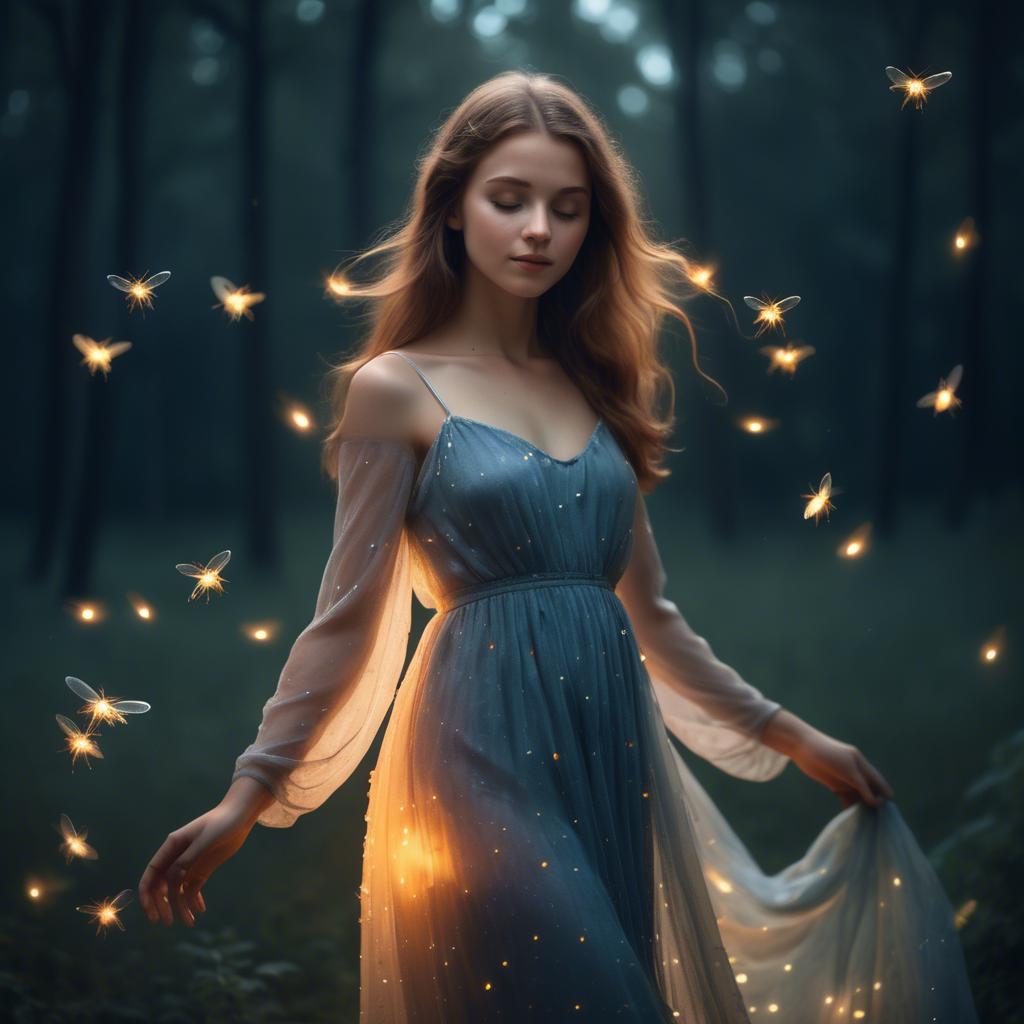 A stunning image of dreamy girl in a long dress with glowing fireflies.