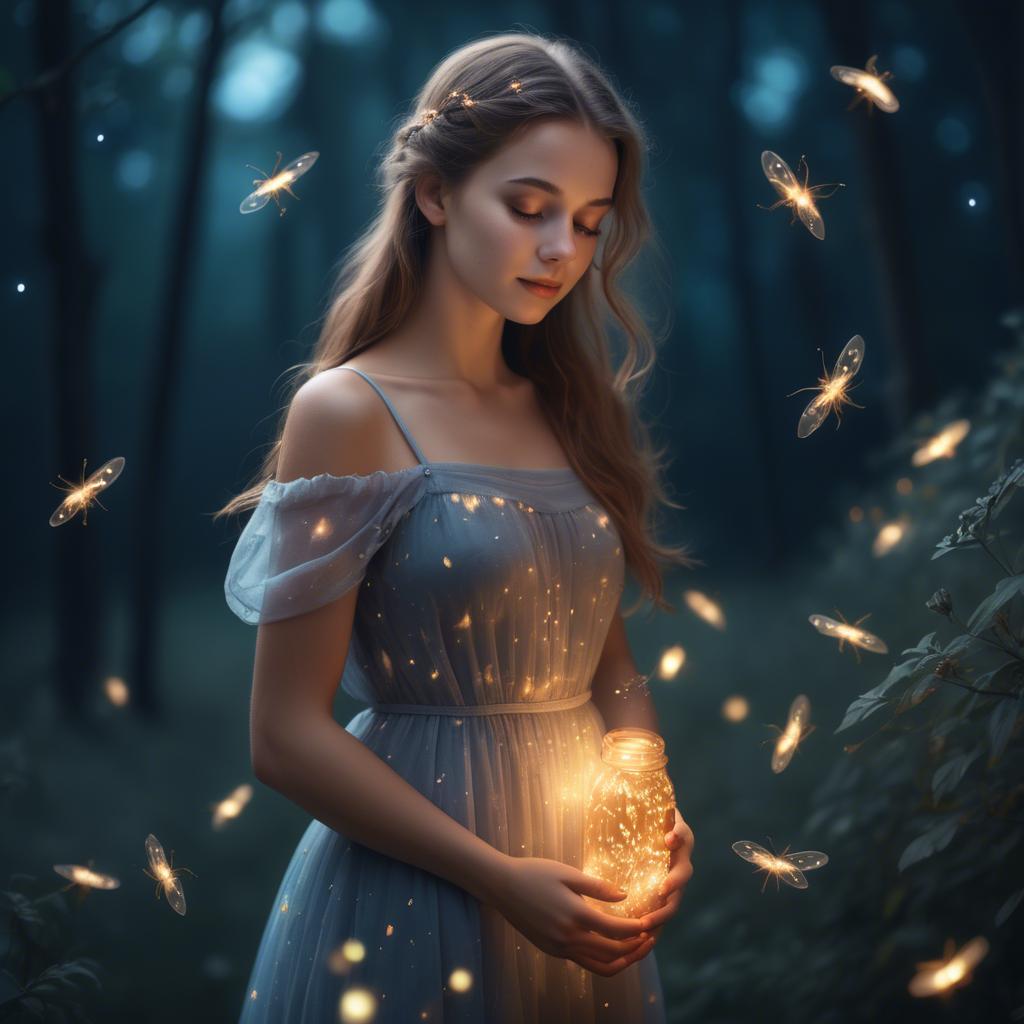 A stunning image of dreamy girl in a long dress with glowing fireflies.