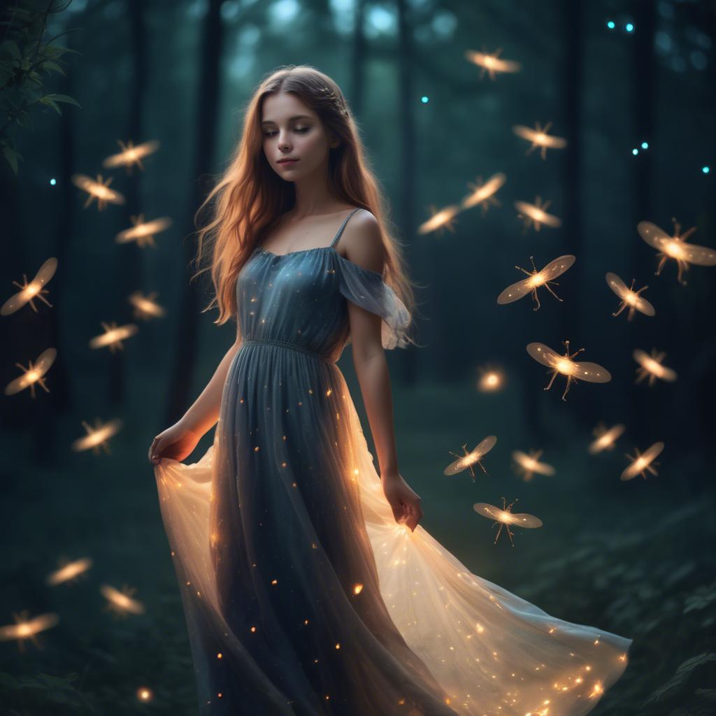 A stunning image of dreamy girl in a long dress with glowing fireflies.
