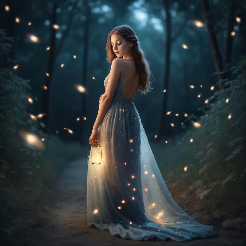 A stunning image of dreamy girl in a long dress with glowing fireflies.