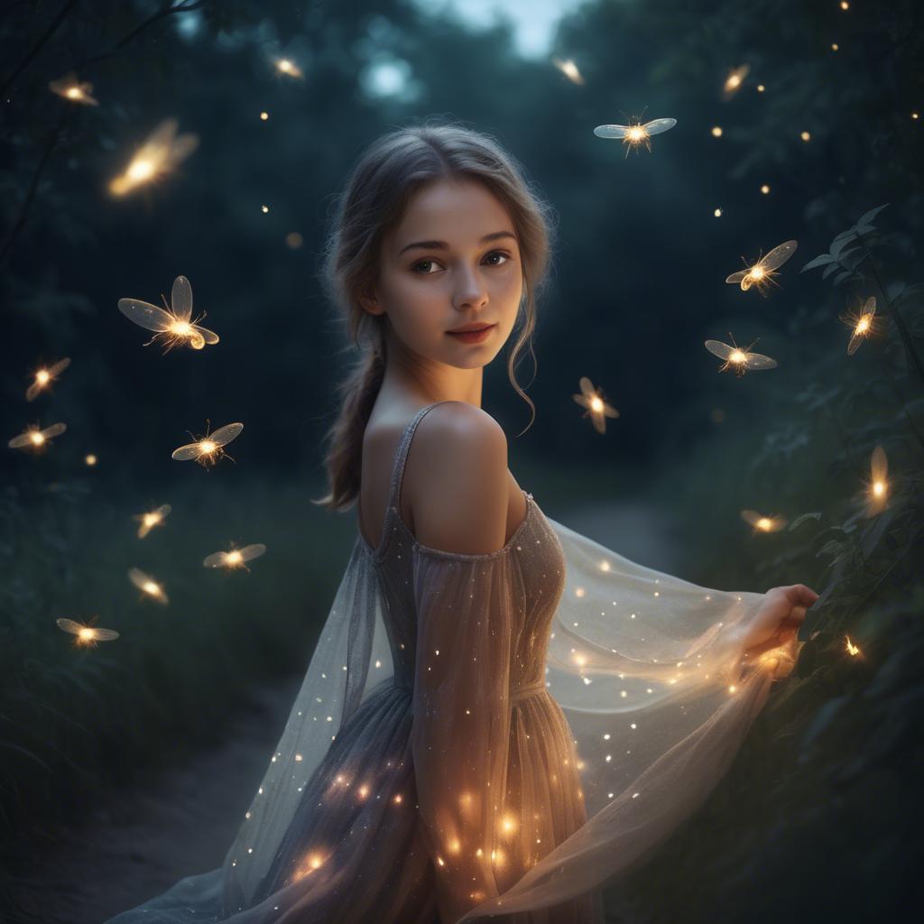 A stunning image of dreamy girl in a long dress with glowing fireflies.