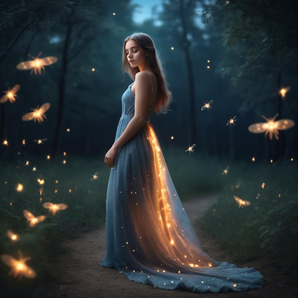 A stunning image of dreamy girl in a long dress with glowing fireflies.
