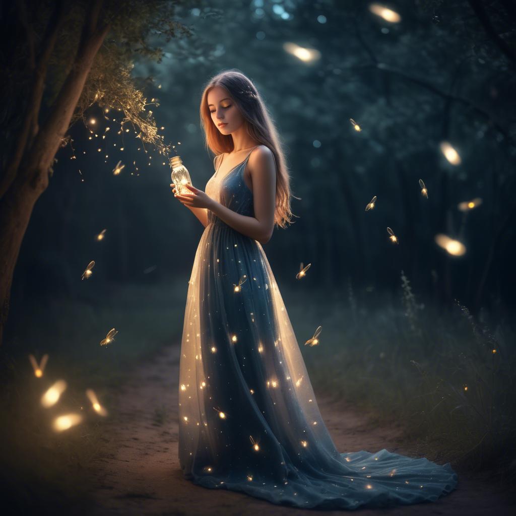A stunning image of dreamy girl in a long dress with glowing fireflies.